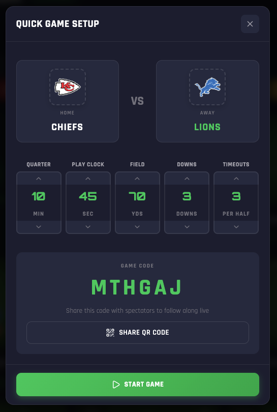 Quick Game Setup - customize quarter length, play clock, field size, and more